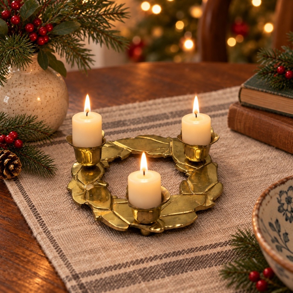 Vintage Brass Wreath Candle Holder 3 Cup Leaf Tulip Christmas Centerpiece 5in